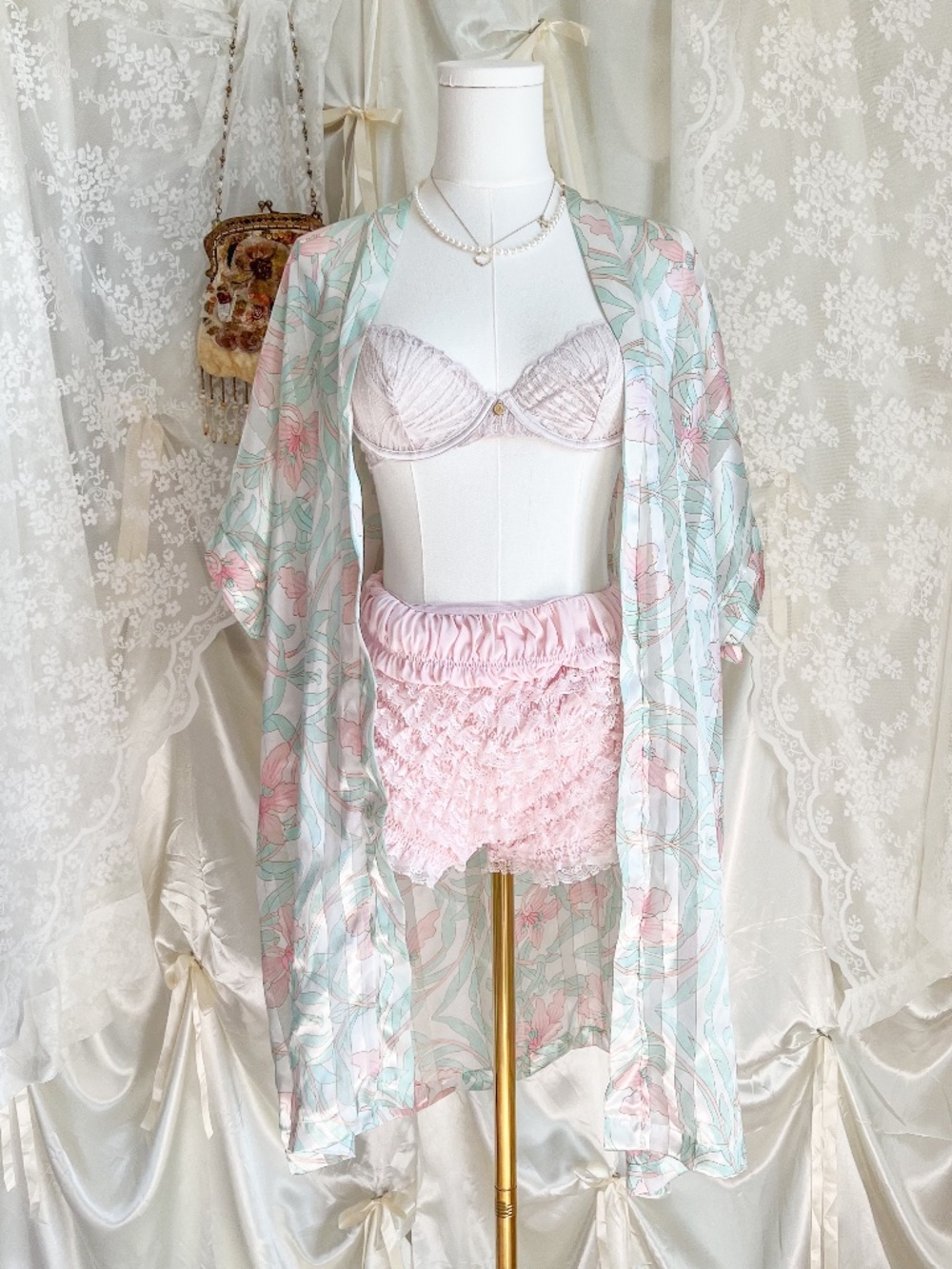 Mint Floral Satin Robe Romantic Cottagecore Layering Piece